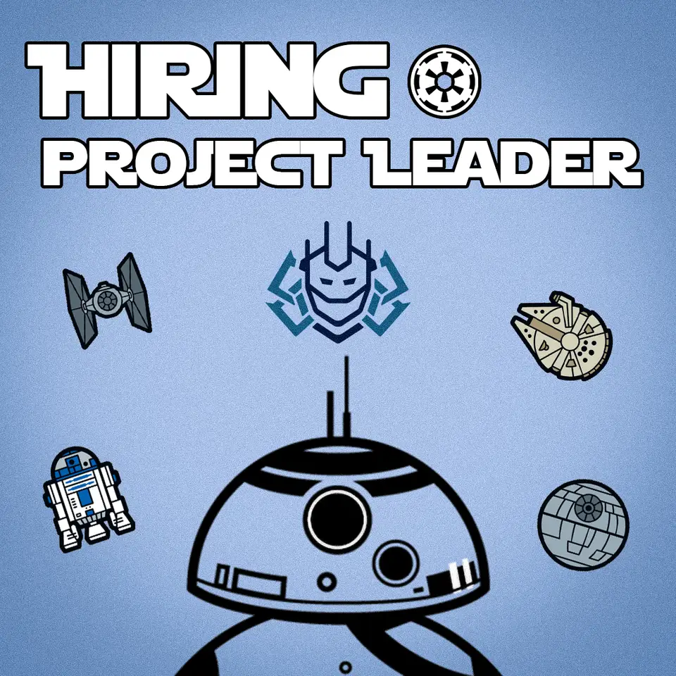Poster headed "Hiring project leader": a line-drawn BB-8 droid surrounded by spacecraft icons on pale blue