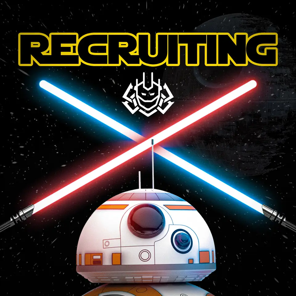 Recruitment poster: a BB-8 droid beneath crossed red and blue lightsabers on a starfield, headed "Recruiting"